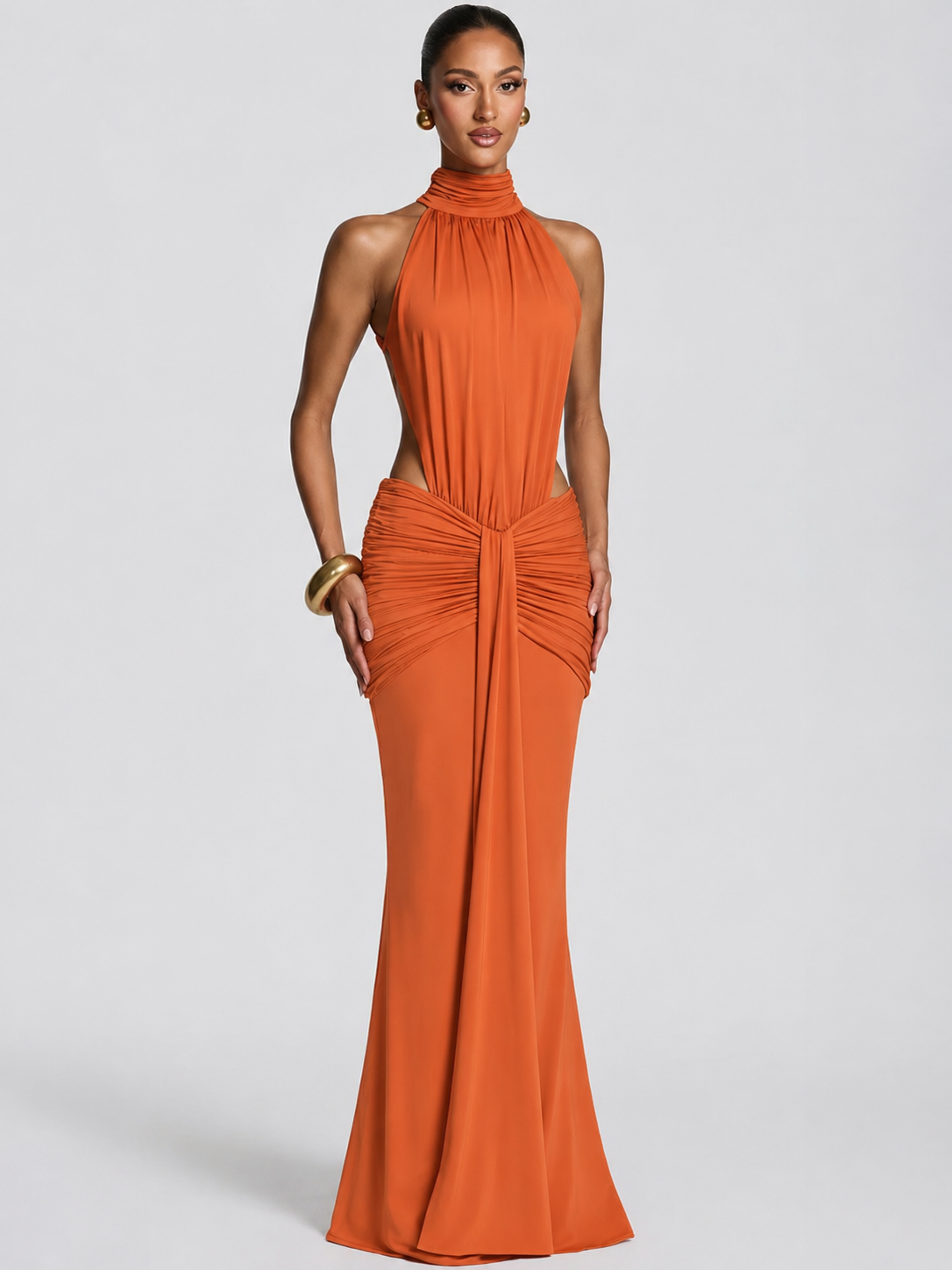 Elegant Off-shoulder Turtleneck Ruched Bodycon Maxi Dress