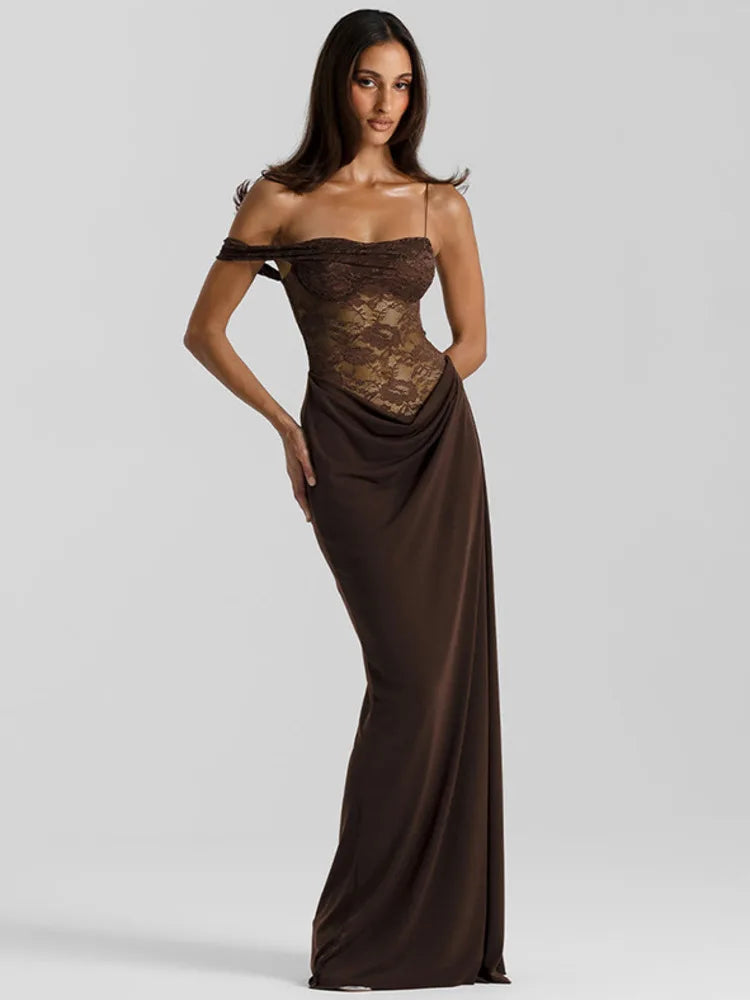 One-Shoulder Lace Illusion Maxi Dress Backless Party Dress
