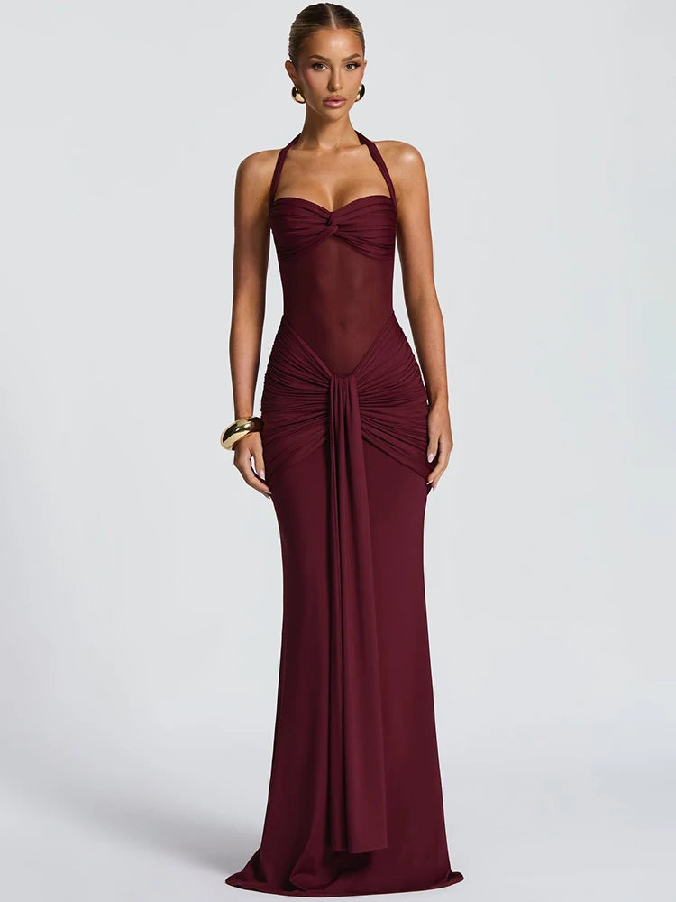 2026 Party Dress Halter Ruched Bodycon Maxi Dress