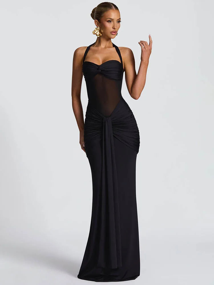 2026 Party Dress Halter Ruched Bodycon Maxi Dress